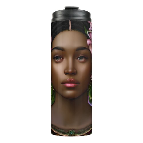 Serene African_American Woman with Flowers Thermal Tumbler