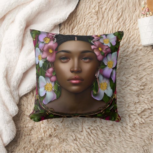 Serene African_American Woman with Flowers Throw Pillow