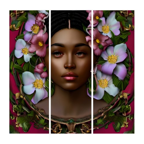 Serene African_American Woman with Flowers Triptych