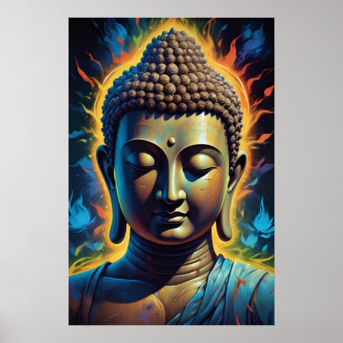 Serene And Calm Buddha Portrait Neon Art Poster