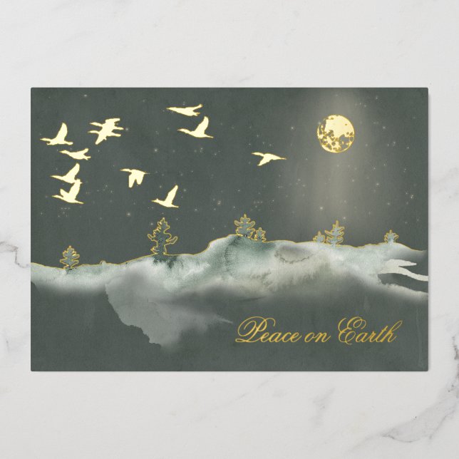Serene and Elegant Flying Birds in the Moonshine  Foil Holiday Card (Front)