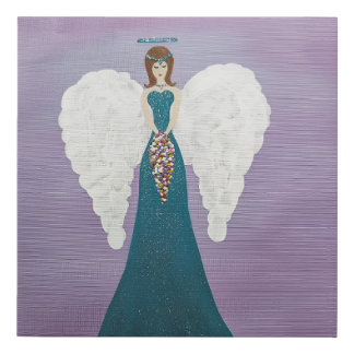Serene Angel in Teal Glitter Dress Holding Floral  Faux Canvas Print