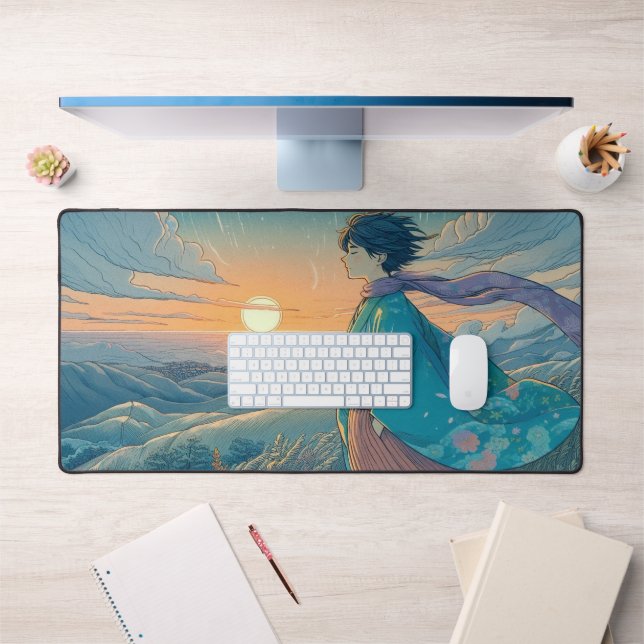 Serene Anime Boy Desk Mat | Hilltop Oceon View (Office 1)