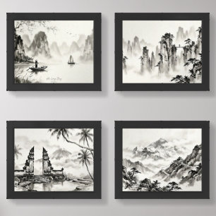 Serene Asia Ink Wash Print Set of 4