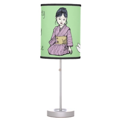 Serene Asian Girl Pink Kimono Lotus Flower Green S Table Lamp
