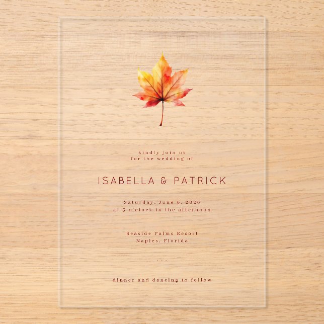 Serene Autumn Leaf Watercolor Acrylic Invitations (Front)