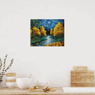Serene Autumn Night Landscape Oil Painting Poster