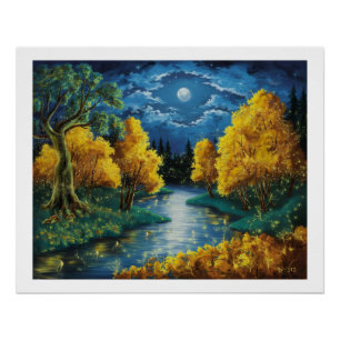 Serene Autumn Night Landscape Oil Painting   Poster