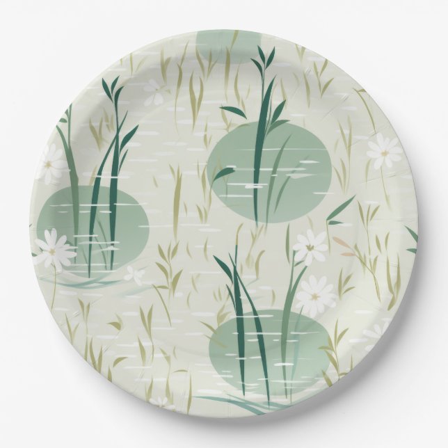 Serene Bamboo Blossom Asian  (10) Paper Plates (Front)