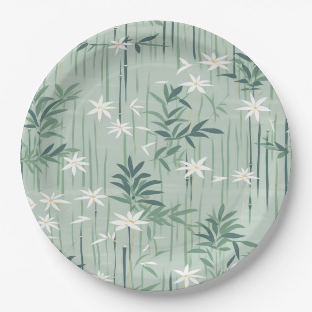 Serene Bamboo Blossom Asian  (4) Paper Plates (Front)