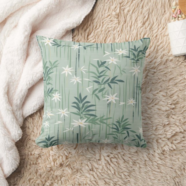 Serene Bamboo Blossom Asian  (4) Throw Pillow (Blanket)