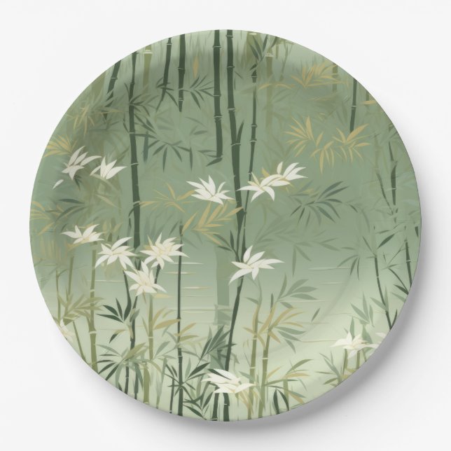 Serene Bamboo Blossom Asian  (6) Paper Plates (Front)