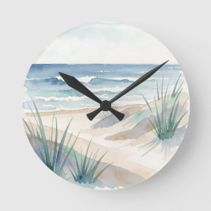Serene Beach Dunes Ocean Watercolor Coastal  Round Clock