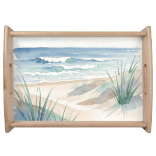 Serene Beach Dunes Ocean Watercolor Coastal  Serving Tray