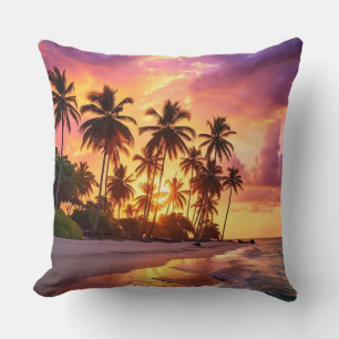 Serene Beach Sunset Palm Trees Pillow