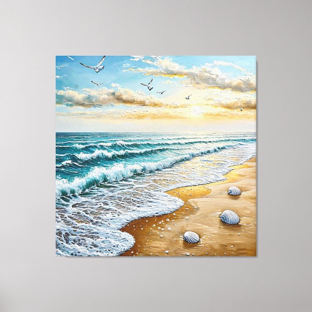 Serene Beachscape With Waves, Seashells Canvas Print (Front)