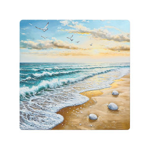 Serene Beachscape With Waves, Seashells Metal Print