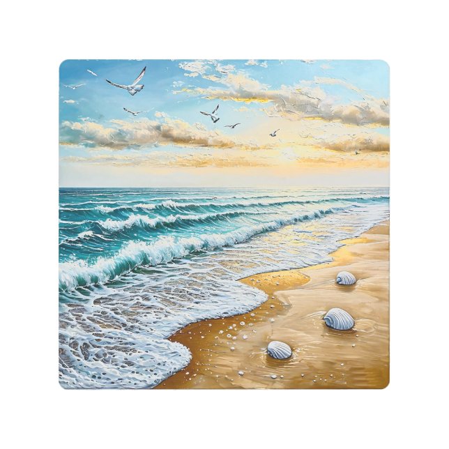 Serene Beachscape With Waves, Seashells Metal Print (Front)