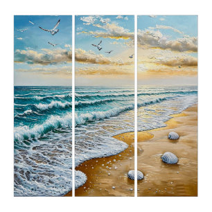 Serene Beachscape With Waves, Seashells Triptych