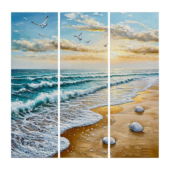 Serene Beachscape With Waves, Seashells Triptych (Front)