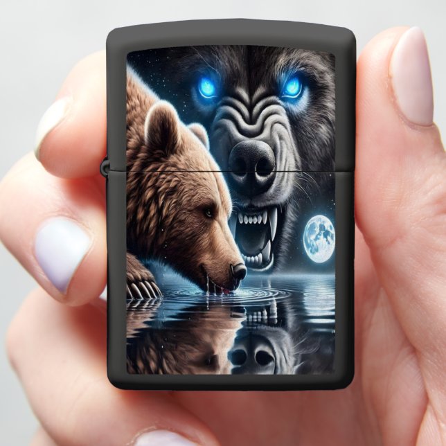 Serene Bear and Dominant Bear Silhouette Zippo Lighter (In Hand)