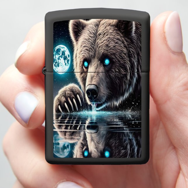 Serene Bear and Shadowed Fierce Reflection Zippo Lighter (In Hand)
