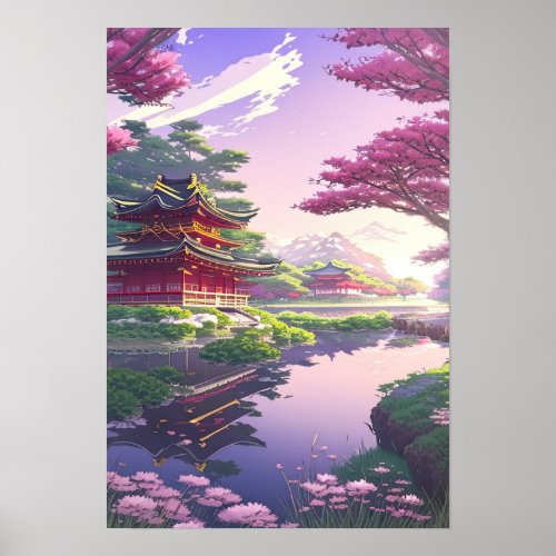Serene Beauty Japanese Temple by the Calm River Poster