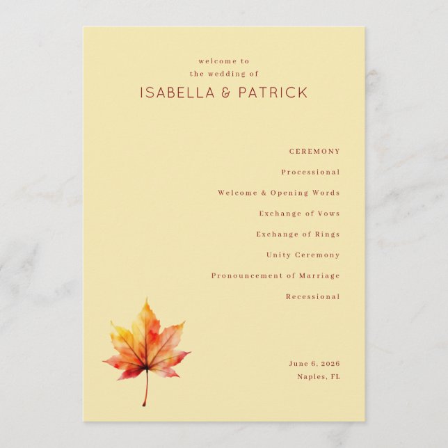 Serene Beige Autumn Leaf Wedding Ceremony Program (Front)