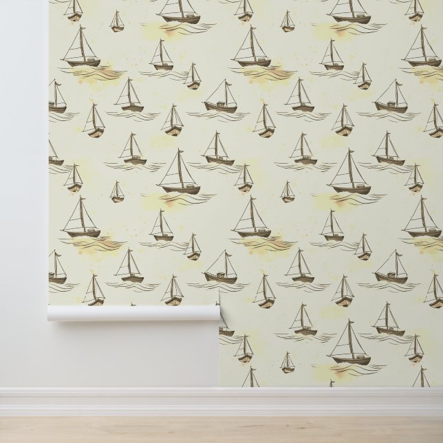 Serene Beige Sailing Boats on Sea Pattern Wallpaper (Application)
