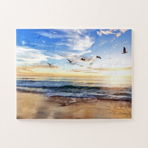 Serene Birds Blue Sky Golden Ocean Sunrise Puzzle