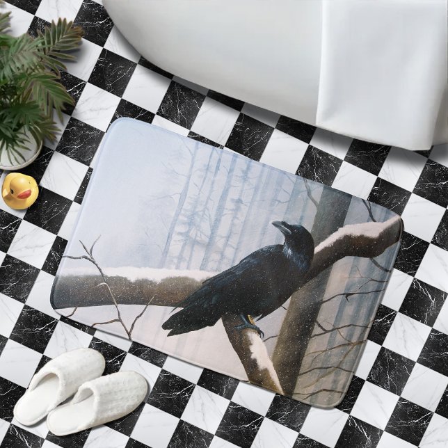 Serene Black Raven Snow Winter Forest  Bath Mat (Creator Uploaded)
