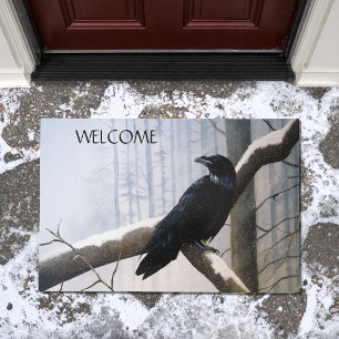 Serene Black Raven Snow Winter Forest Doormat