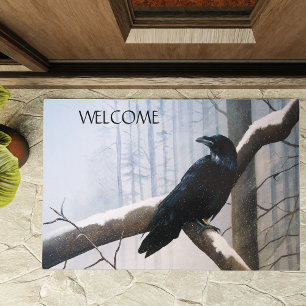 Serene Black Raven Snow Winter Forest  Doormat