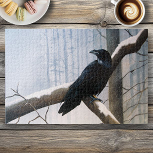Serene Black Raven Snow Winter Forest Jigsaw Puzzle