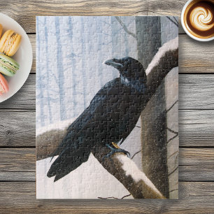 Serene Black Raven Snow Winter Forest Jigsaw Puzzle