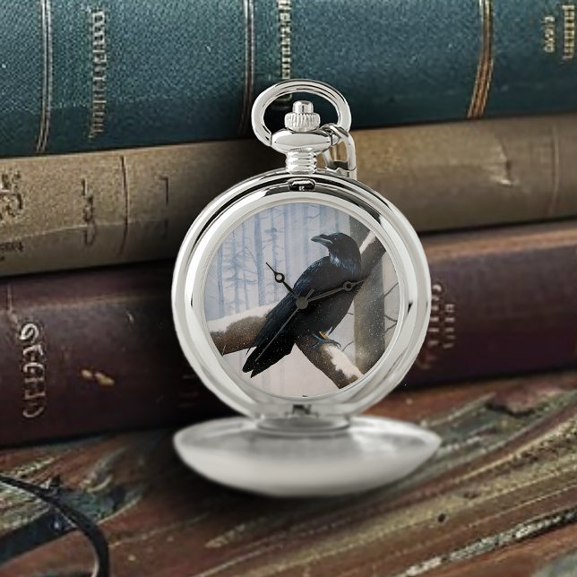 Serene Black Raven Snow Winter Forest  Pocket Watch (Creator Uploaded)