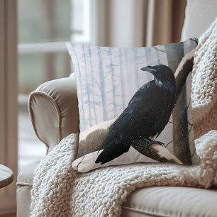Serene Black Raven Snow Winter Forest Throw Pillow