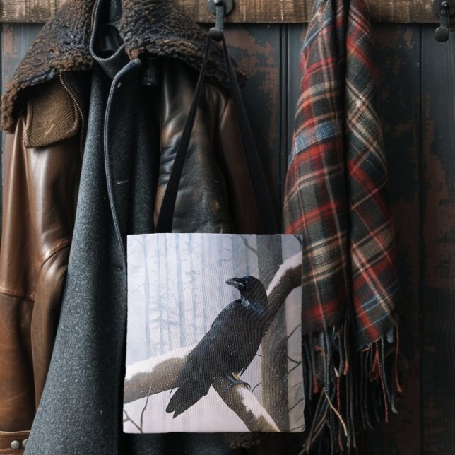 Serene Black Raven Snow Winter Forest  Tote Bag (Creator Uploaded)