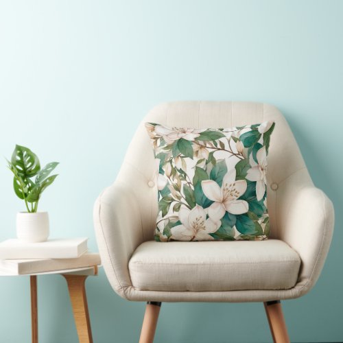 Serene Blooms _ Watercolor Jasmine Flower  Throw Pillow