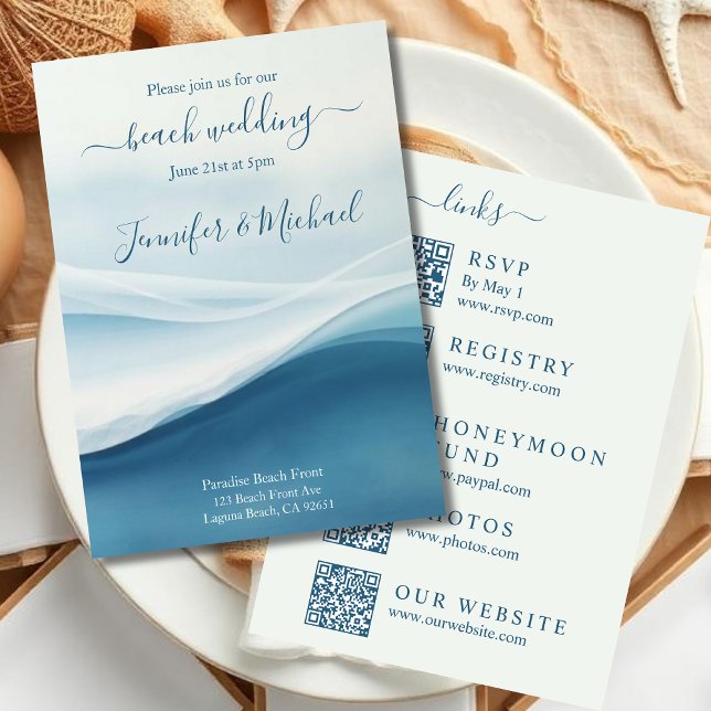 Serene Blue Abstract Beach Wedding-All In One Invitation (Serene Blue Abstract Beach Wedding Invitation All In One)