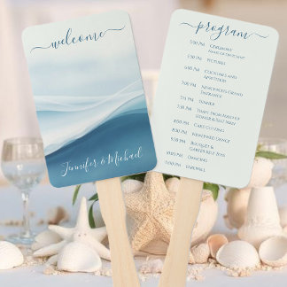 Serene Blue Abstract Wedding Program Hand Fan