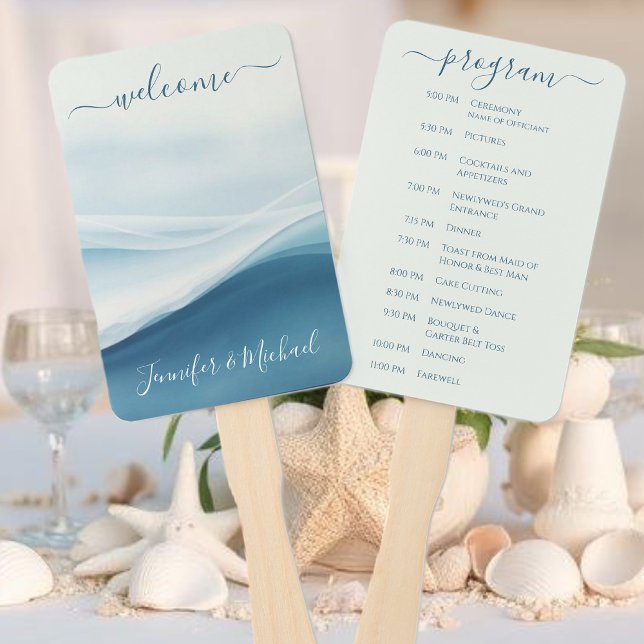 Serene Blue Abstract Wedding Program Hand Fan (Serene Blue Abstract Wedding Program Hand Fan )