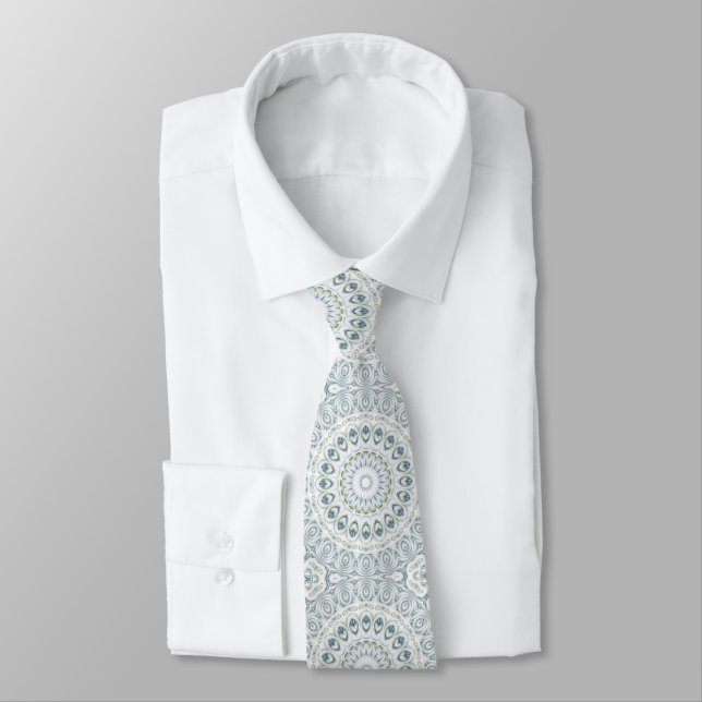 Serene Blue and Green Mandala Pattern Design Neck Tie (Tied)