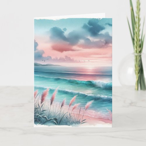 Serene Blue and Pink Coastal View Anniversary Card
