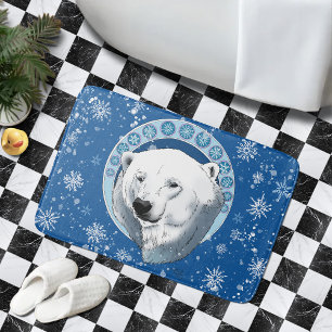 Serene Blue Art Nouveau Polar Bear Snowflakes Bath Mat