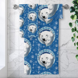 Serene Blue Art Nouveau Polar Bear Snowflakes Bath Towel Set