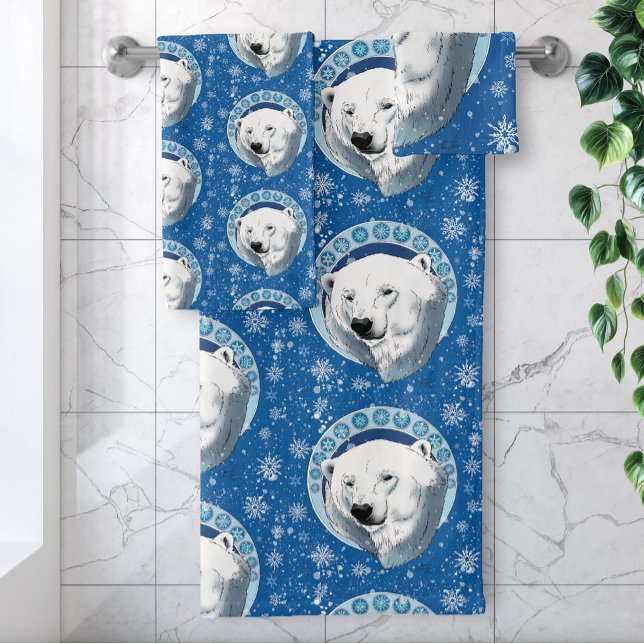 Serene Blue Art Nouveau Polar Bear Snowflakes Bath Towel Set (Creator Uploaded)