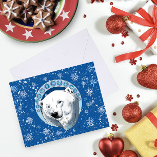 Serene Blue Art Nouveau Polar Bear Snowflakes Card