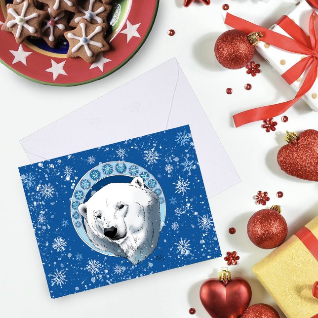 Serene Blue Art Nouveau Polar Bear Snowflakes Card (Creator Uploaded)