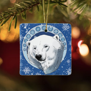 Serene Blue Art Nouveau Polar Bear Snowflakes Ceramic Ornament